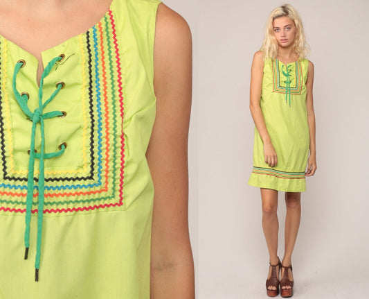 60s Lime Green Shift Mini Dress Lace-Up Corset Neckline Sleeveless Medium