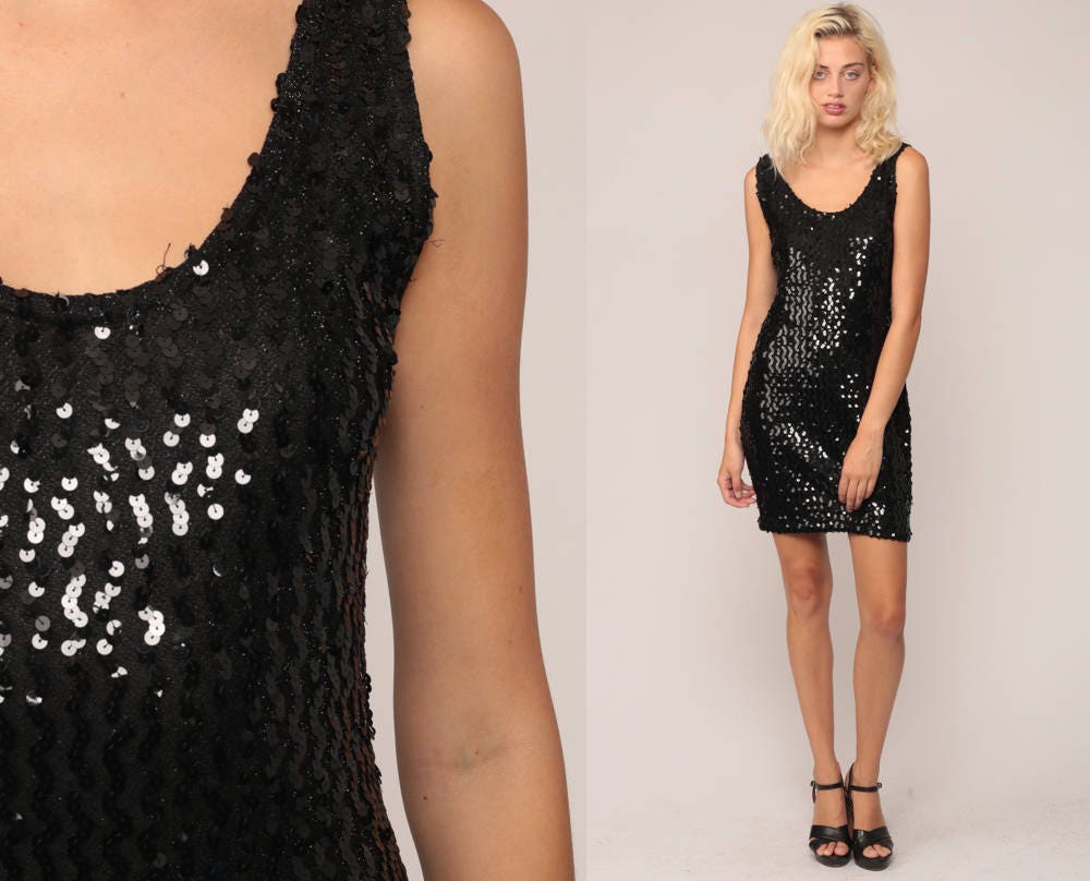 90s Black Sequin Mini Dress Bodycon Sheath Sleeveless Medium Large