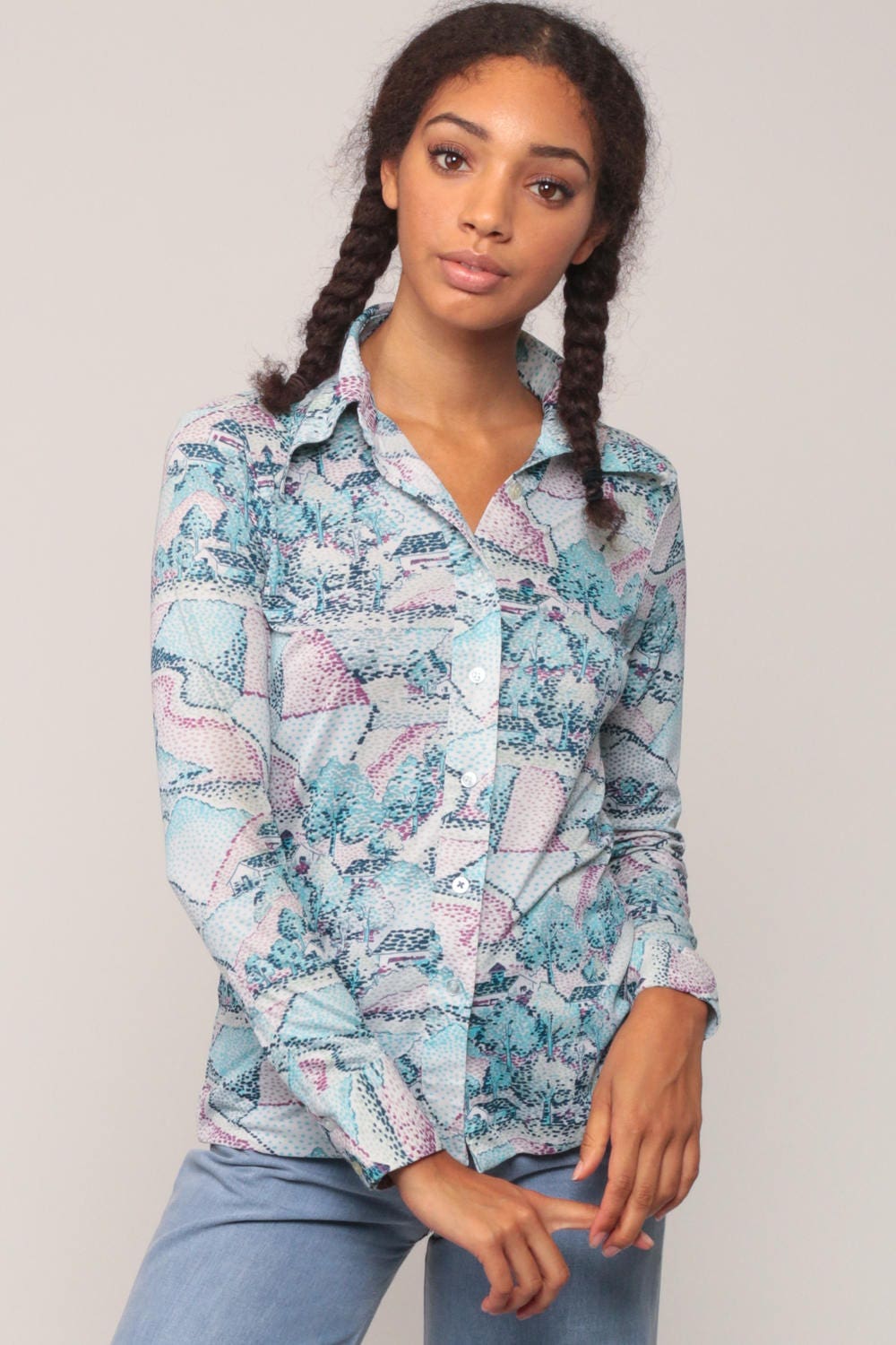 70s House Tree Print Button Up Shirt Blue Long Sleeve Blouse Medium