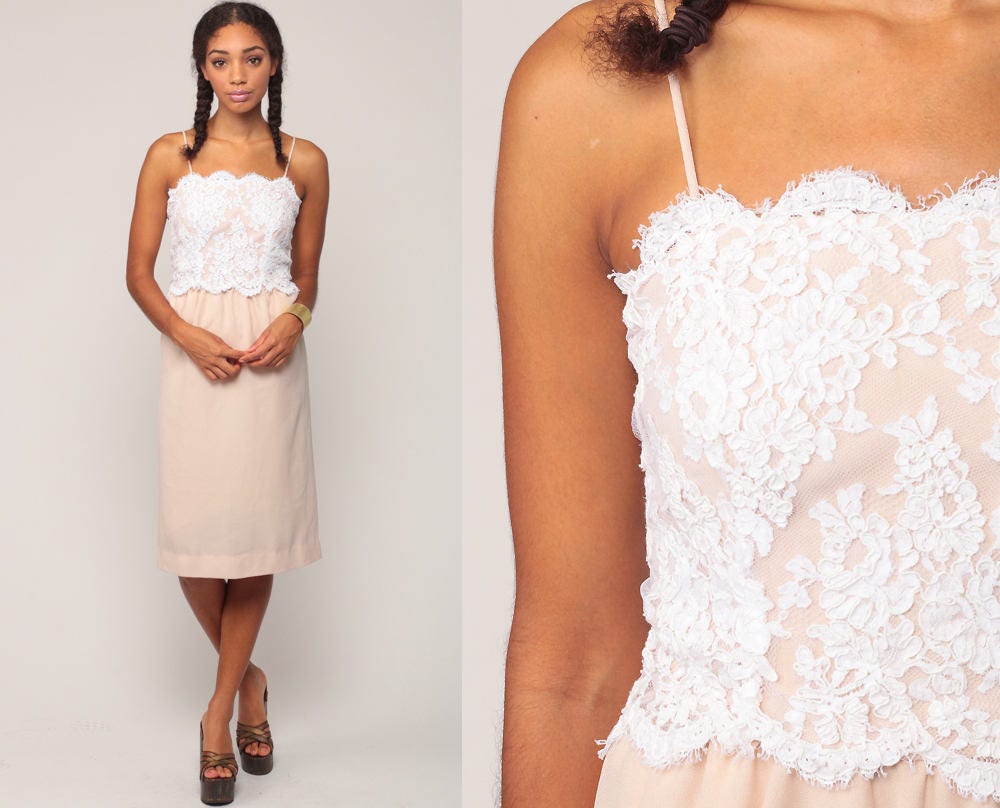 70s White Lace Midi Dress Spaghetti Strap High Waist Nude Skirt Extra Small