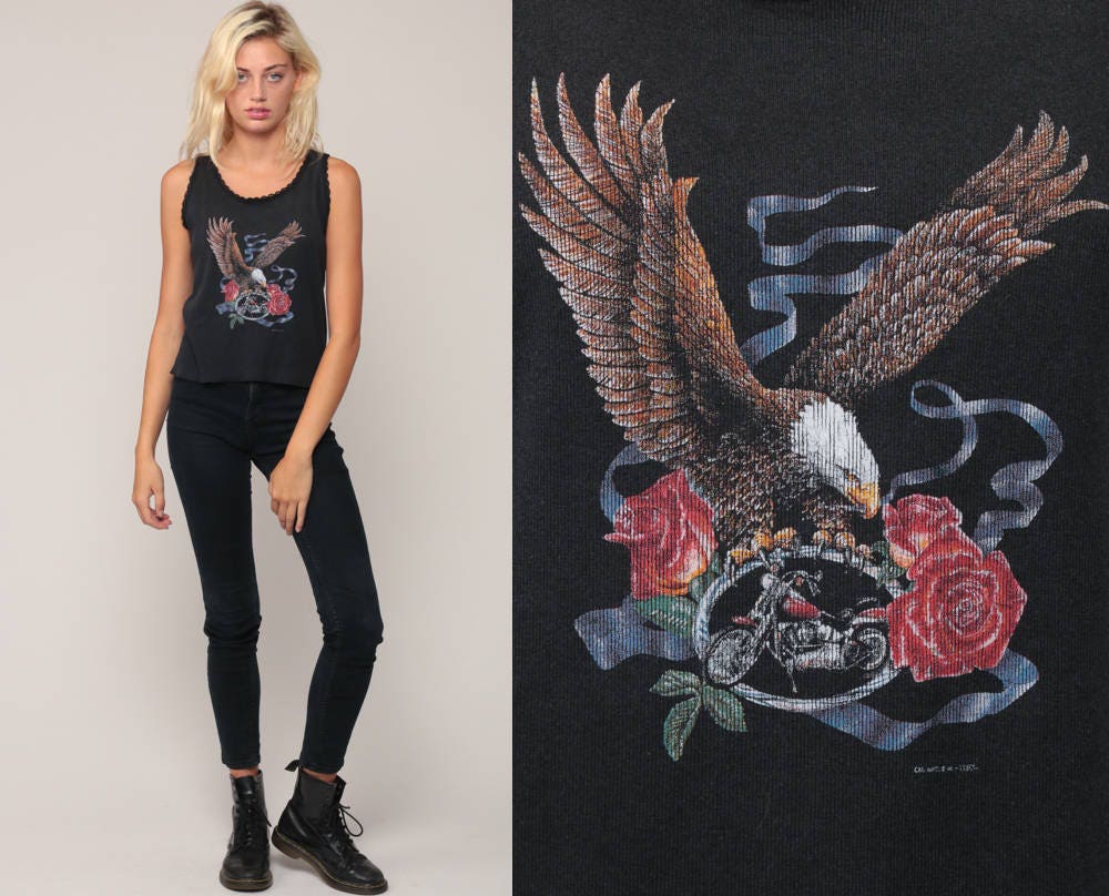 80s American V-Twin Biker Tank Top Eagle Motorcycle Graphic Black Cotton Medium