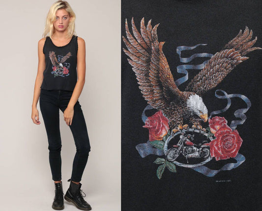 80s American V-Twin Biker Tank Top Eagle Motorcycle Graphic Black Cotton Medium