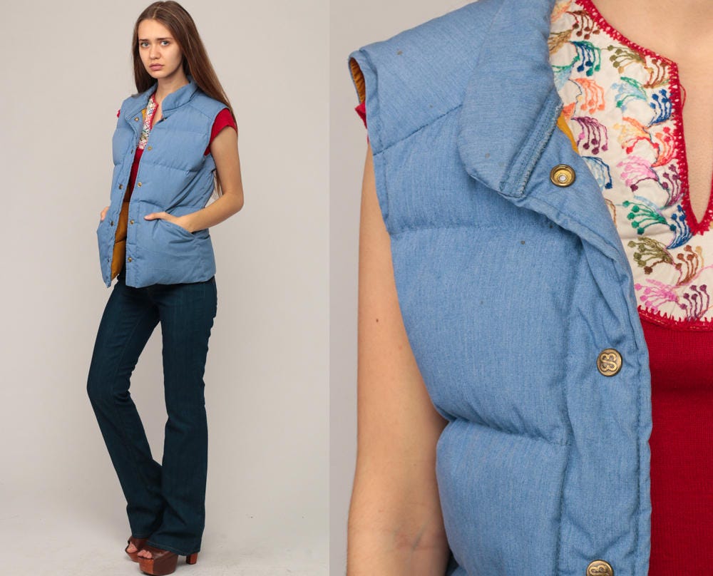 70s Goose Down Puffer Vest Blue Sleeveless Unisex Extra Small
