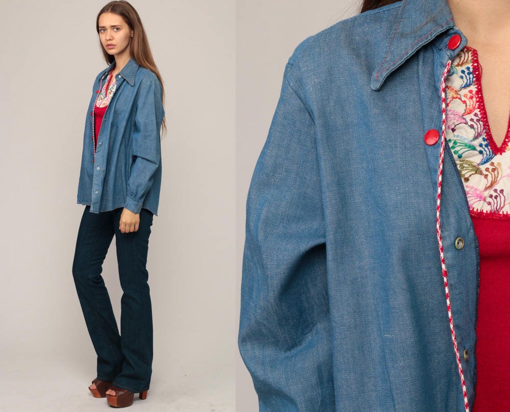 70s Blue Denim Shirt Red Snap Button Up Long Sleeve Unisex Large