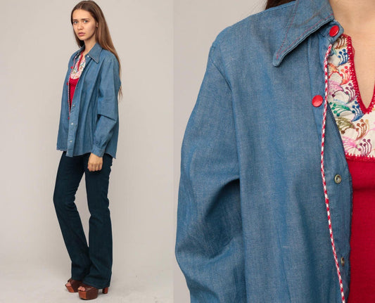 70s Blue Denim Shirt Red Snap Button Up Long Sleeve Unisex Large