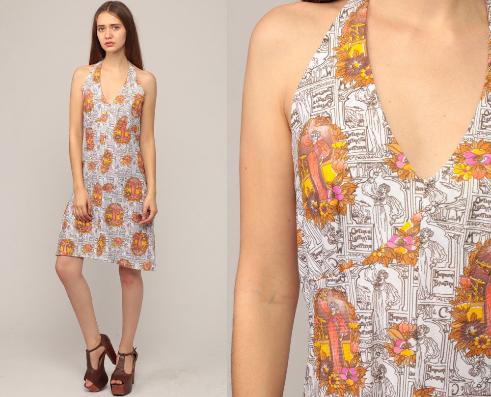 70s Halter Neck Mini Dress Floral Lady Print Deep V Open Back Medium