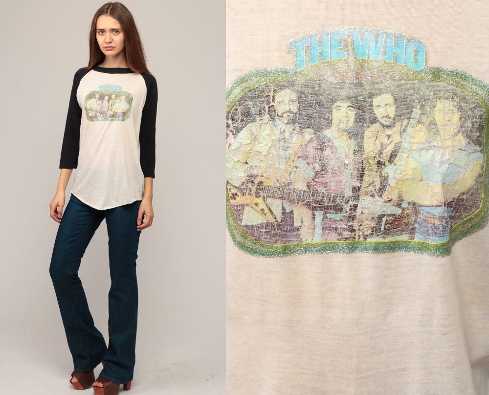 The Who Band Tee 80s Raglan Baseball T-Shirt Distressed Print Large