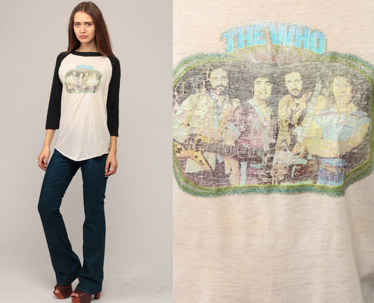 The Who Band Tee 80s Raglan Baseball T-Shirt Distressed Print Large