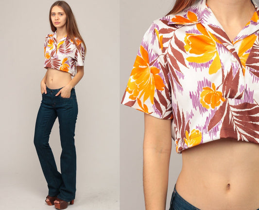 70s Tropical Floral Button-Up Crop Blouse Short Sleeve Small Medium