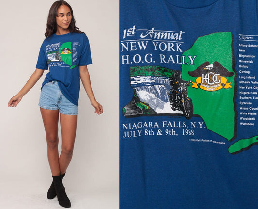 1988 New York Hog Rally Motorcycle Biker Graphic Tee Blue Medium Large