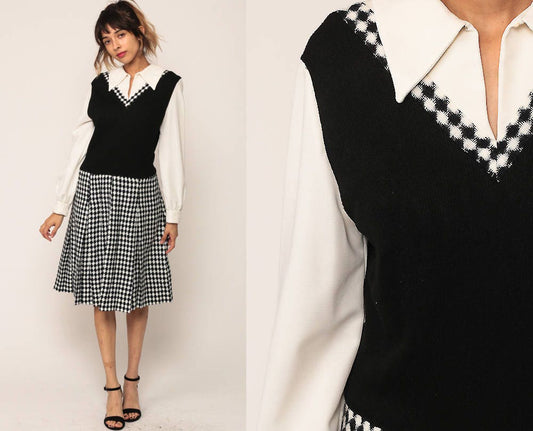 1970s Black White Checkered Midi Dress Drop Waist Pleated Long Sleeve Medium Large