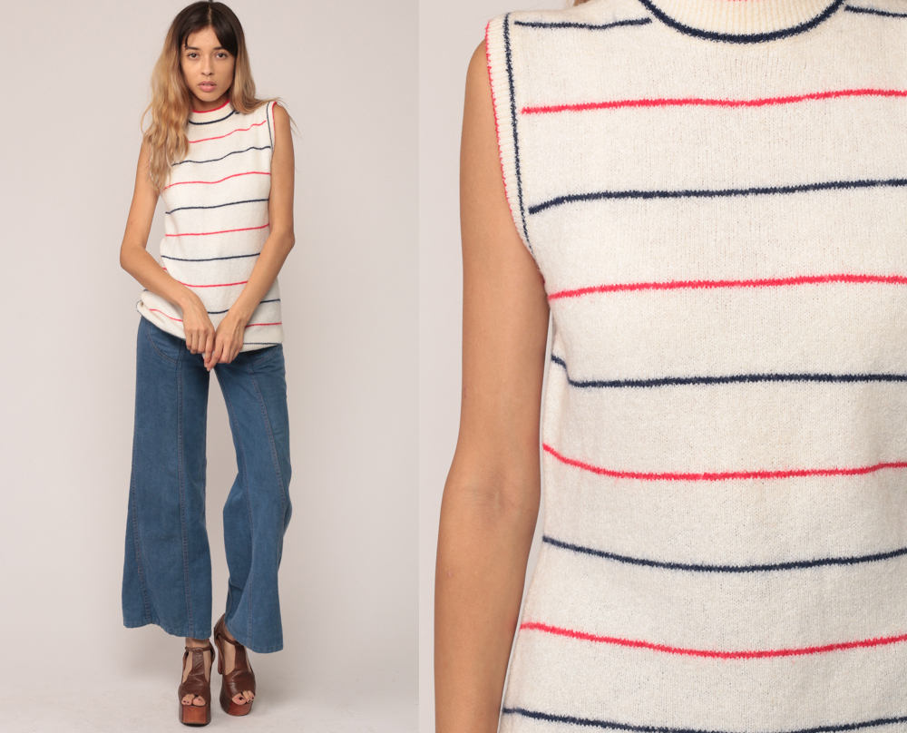 70s Striped Knit Tank Top Sleeveless Sweater Red White Blue Small Medium