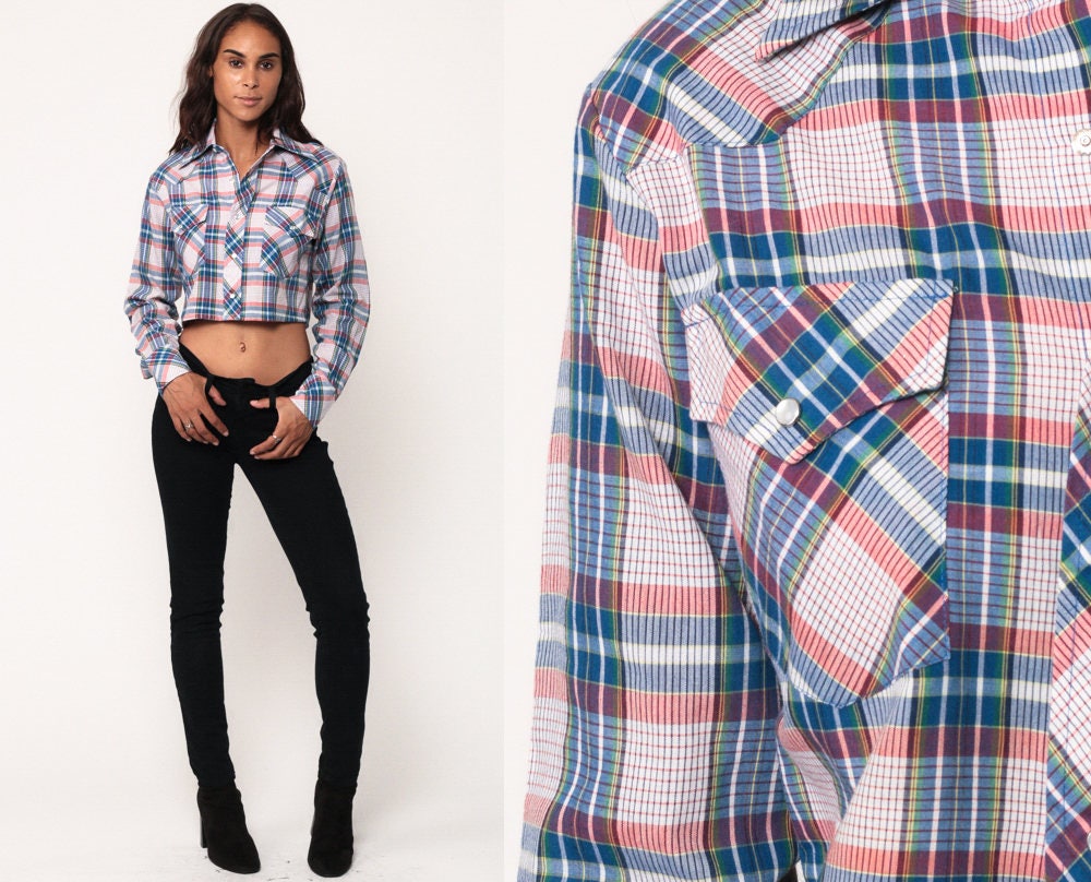 70s Blue Plaid Pearl Snap Western Crop Blouse Long Sleeve Small