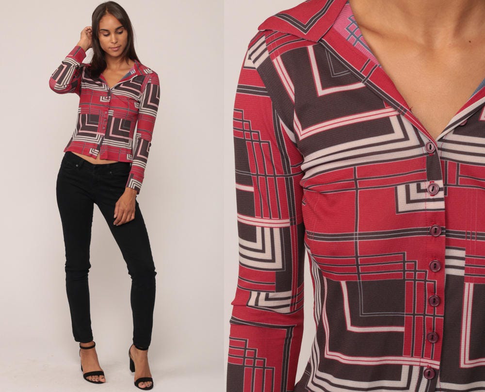 90s Geometric Print Button-Up Blouse Red Long Sleeve Small Medium