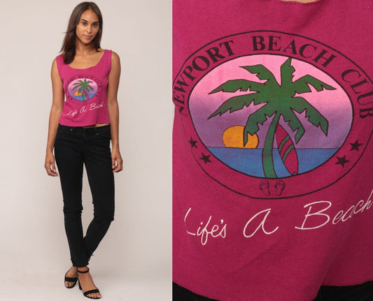 80s Newport Beach Club Tank Top Purple Palm Tree Graphic Small Medium