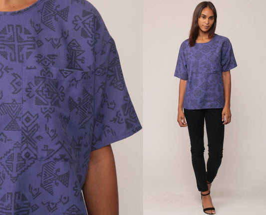 80s Aztec Tribal Print T-Shirt Purple Pocket Tee Medium Large