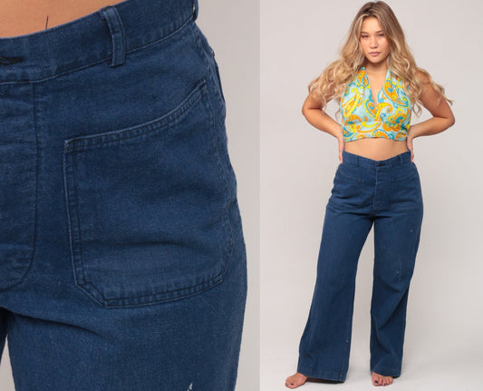 70s High Waisted Bell Bottom Jeans Blue Denim Wide Leg Button Fly Medium