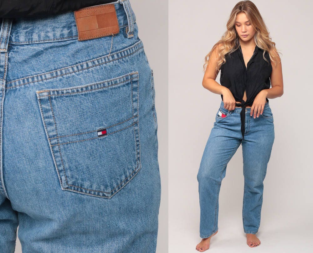 Tommy Hilfiger Mom Jeans High Waist Blue Denim 90s Relaxed Fit Large 12