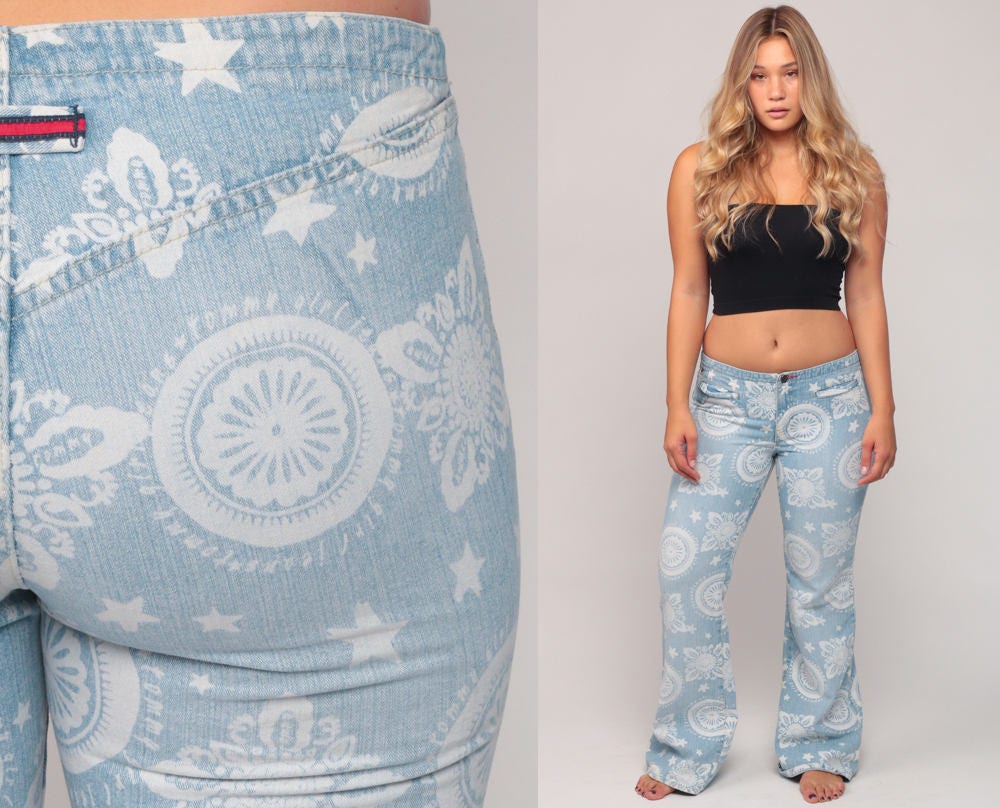90s Tommy Hilfiger Bell Bottom Jeans Geometric Print Low Rise Blue Denim Medium 8