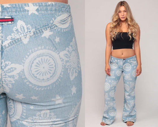 90s Tommy Hilfiger Bell Bottom Jeans Geometric Print Low Rise Blue Denim Medium 8