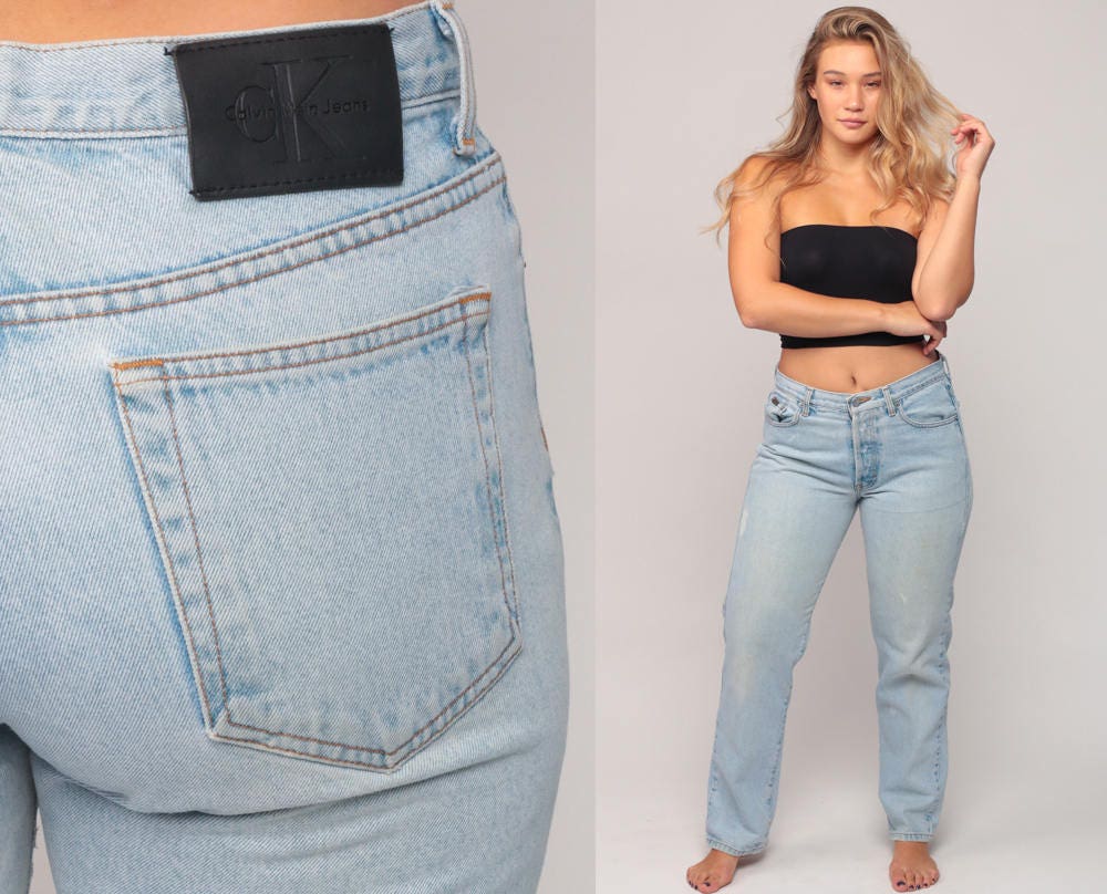 Calvin Klein 90s High Waisted Mom Jeans Distressed Blue Denim Medium Large
