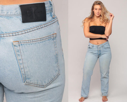 Calvin Klein 90s High Waisted Mom Jeans Distressed Blue Denim Medium Large