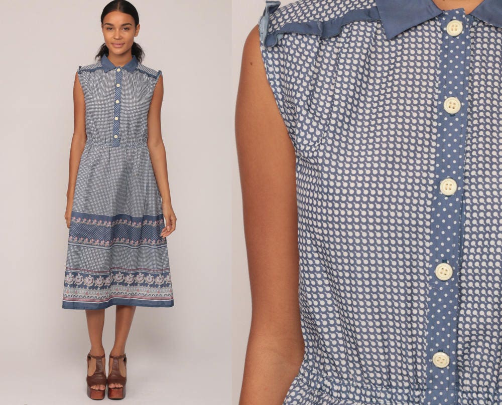 70s Blue Geometric Dot Print Midi Dress High Waist Button Up Collar Large