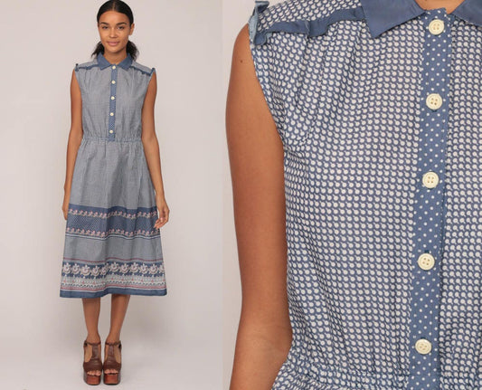 70s Blue Geometric Dot Print Midi Dress High Waist Button Up Collar Large