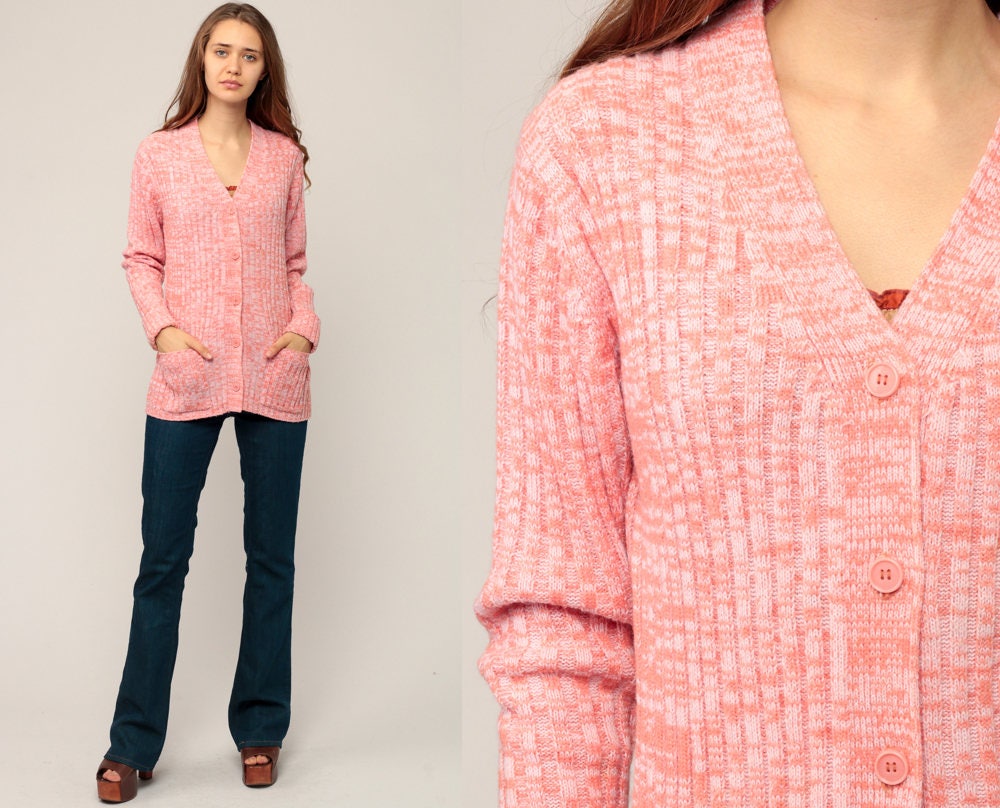 70s Space Dye Cardigan Sweater Orange Pink Ribbed Knit Button Up Medium