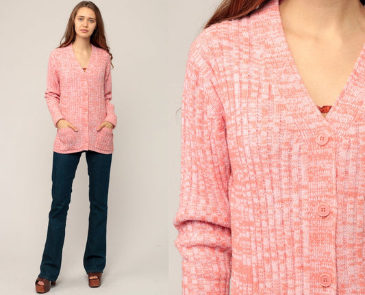 70s Space Dye Cardigan Sweater Orange Pink Ribbed Knit Button Up Medium