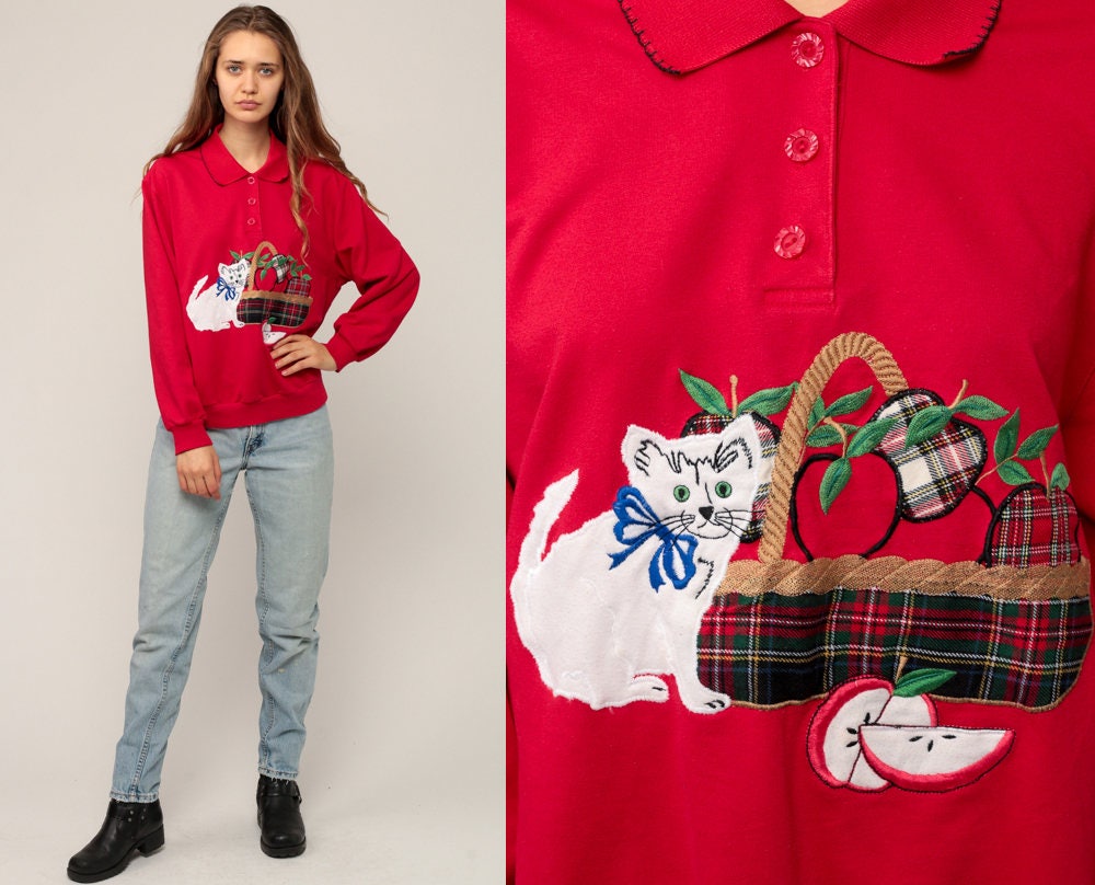80s Cat Kitten Apple Basket Graphic Sweatshirt Red Collared Medium