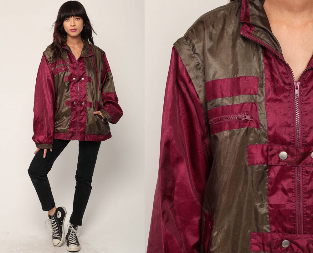 90s Color Block Windbreaker Jacket Removable Sleeves Red Brown Large