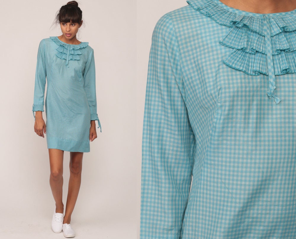 60s Blue Gingham Mini Dress Mod Shift Long Sleeve Ruffle Extra Small XS