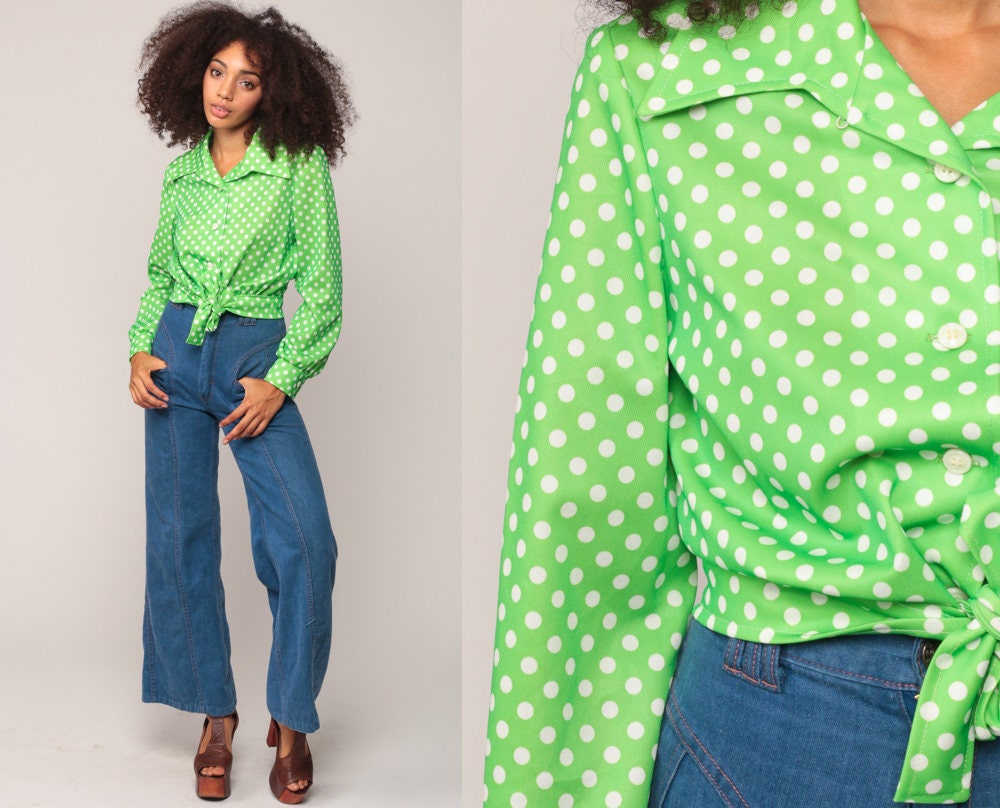 70s Lime Green Polka Dot Crop Top Long Sleeve Button Up Blouse Medium Large