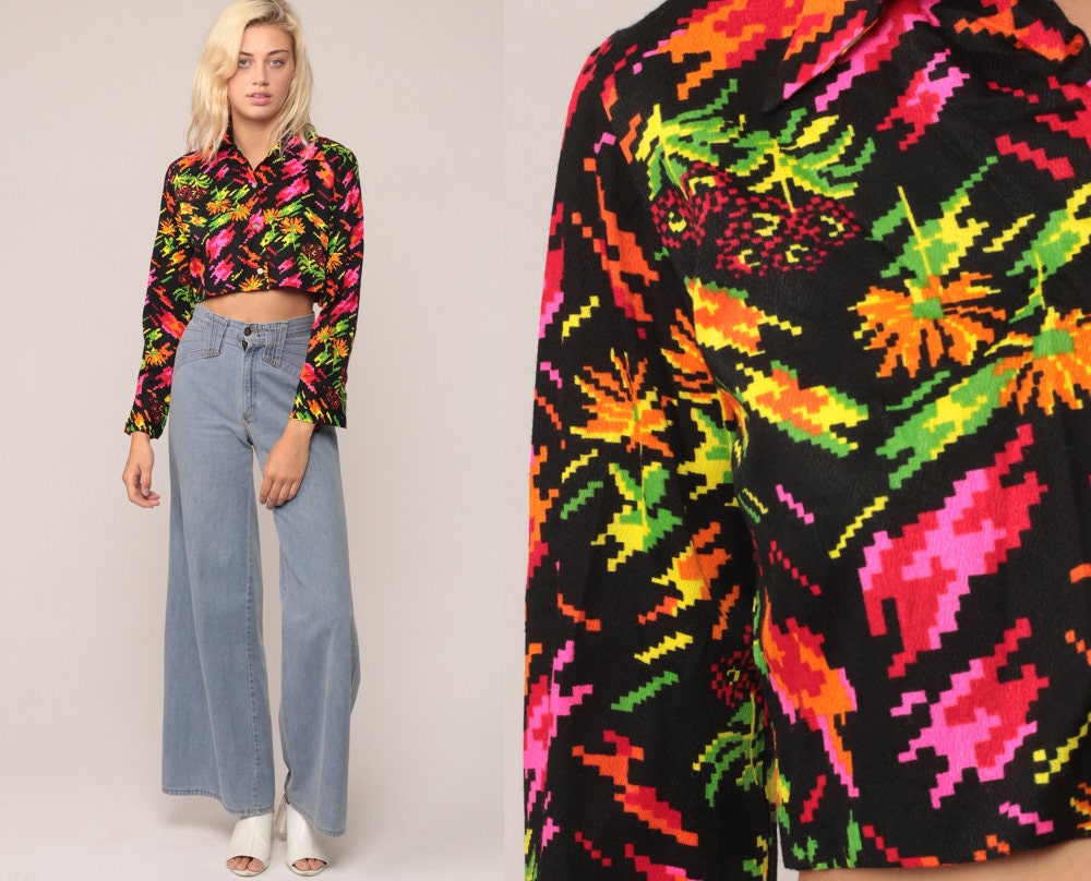 70s Pixelated Floral Crop Top Button-Up Blouse Neon Long Sleeve Small