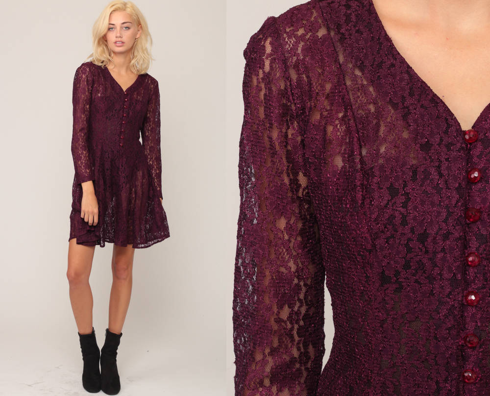 90s Purple Lace Mini Dress Button-Up Long Sleeve Sheer Fitted Small