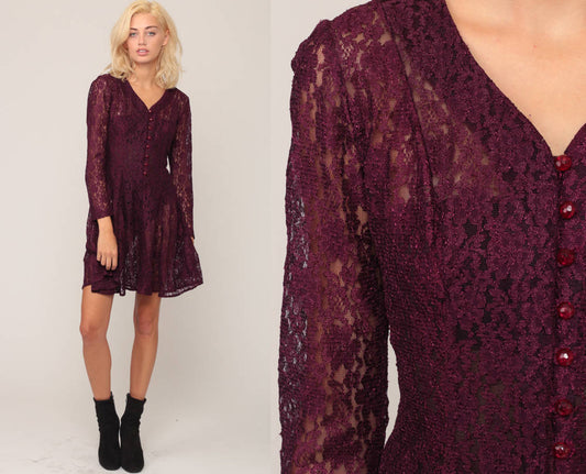 90s Purple Lace Mini Dress Button-Up Long Sleeve Sheer Fitted Small