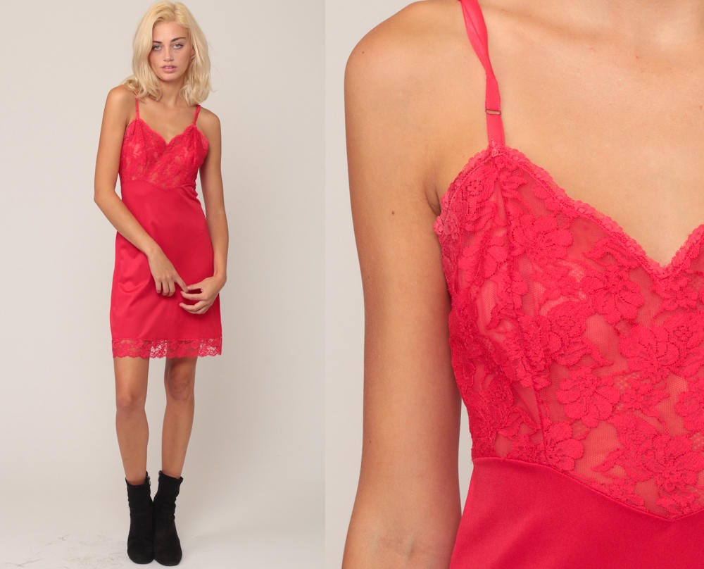 70s Red Lace Slip Dress Mini Nightgown Spaghetti Strap Extra Small