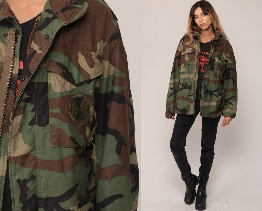 80s Camo Military Jacket Olive Green Brown Cargo Zip Unisex Small