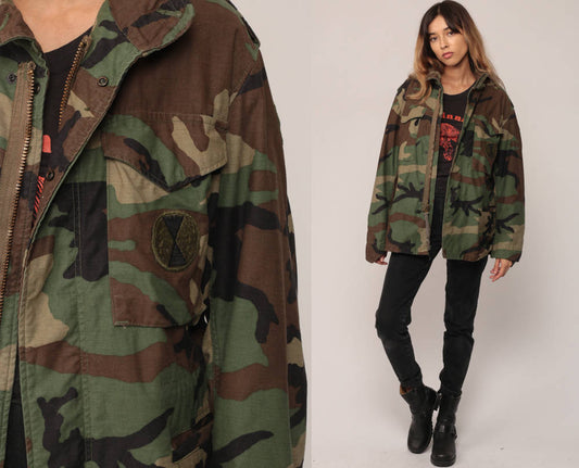 80s Camo Military Jacket Olive Green Brown Cargo Zip Unisex Small
