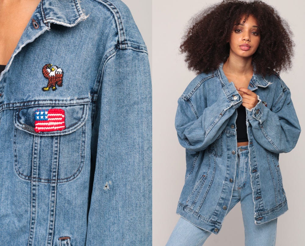 80s Lee Denim Jacket American Flag Eagle Patch Blue Unisex Extra Large