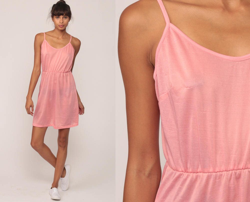 80s Pink Sheer Mini Dress Spaghetti Strap High Waist Sundress Medium