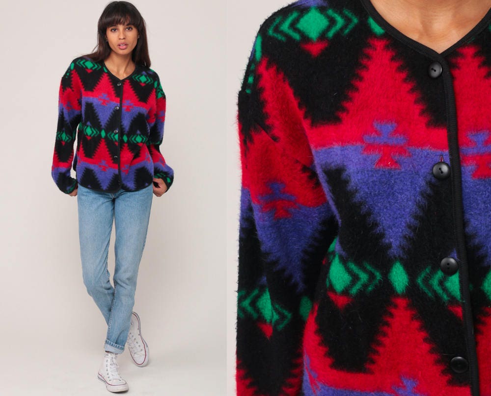 90s Tribal Fleece Jacket Aztec Print Button-Up Blazer Red Purple Medium