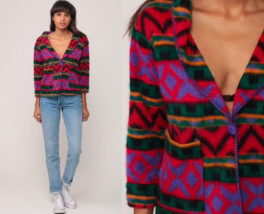 90s Southwestern Fleece Jacket Aztec Print Button Front Medium