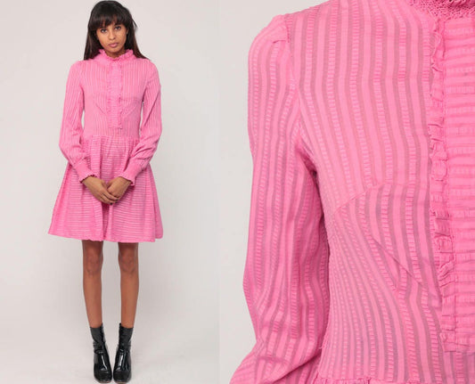 60s Pink Mod Mini Dress Ruffle Chest Long Sleeve Small