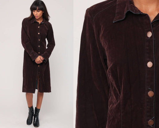 90s Brown Velvet Mini Dress Long Sleeve Button-Up Small