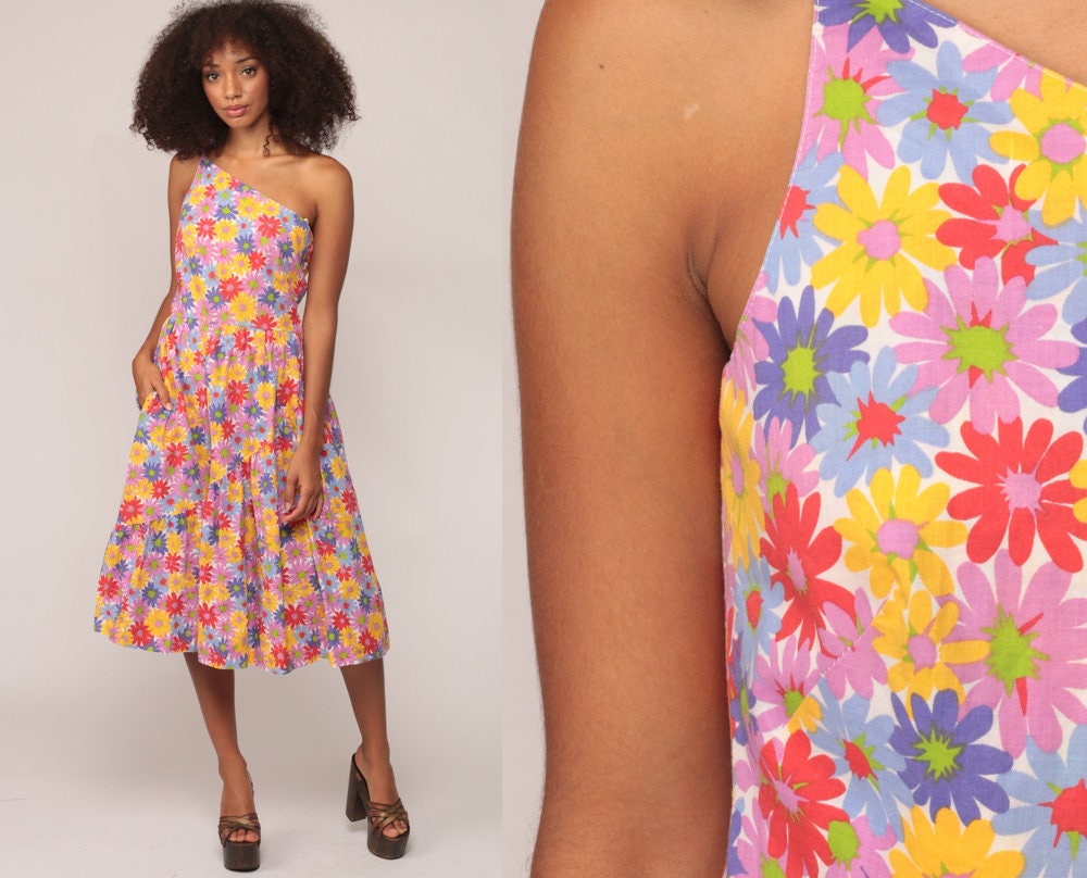 70s Lanz Floral One-Shoulder Midi Dress High Waist Pocket Cotton Extra Small