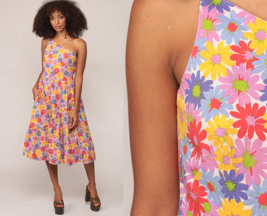 70s Lanz Floral One-Shoulder Midi Dress High Waist Pocket Cotton Extra Small