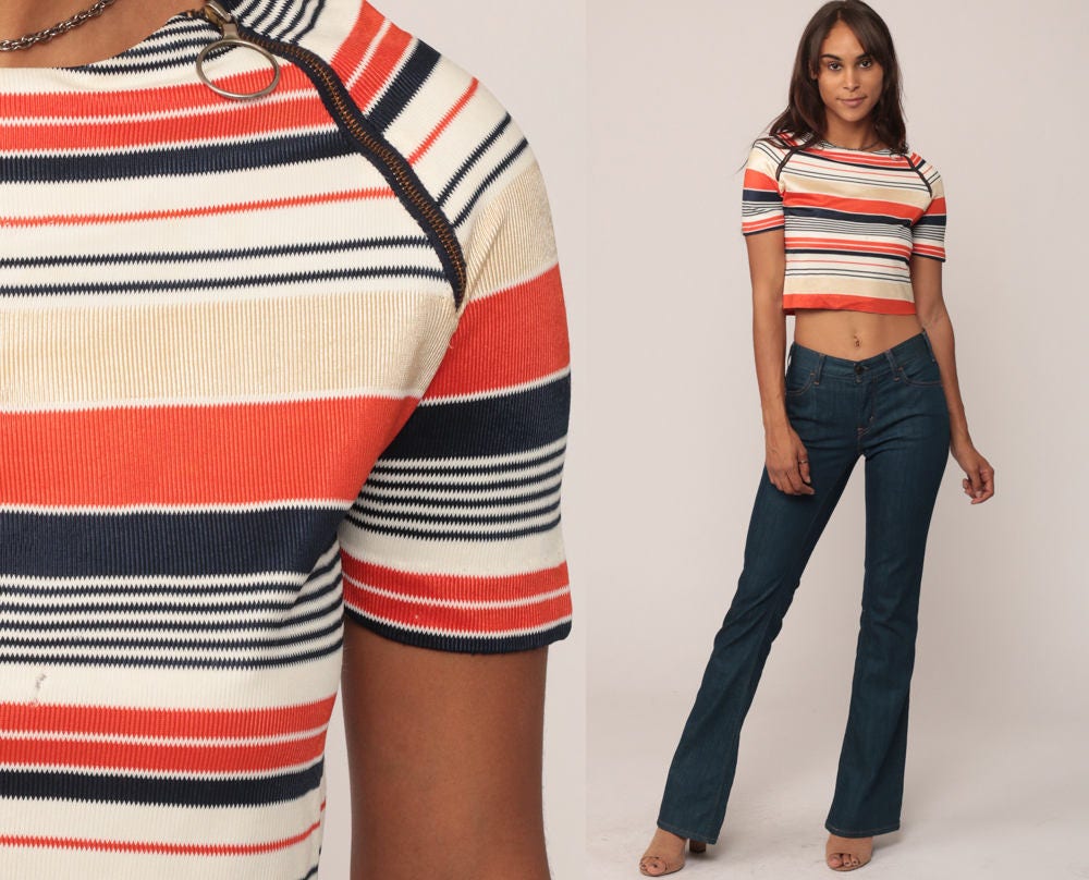 70s Striped Crop Top Asymmetrical Zip Neck Tee Orange Blue Small Medium