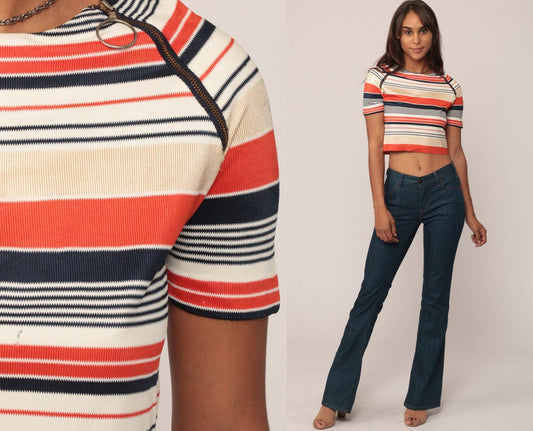70s Striped Crop Top Asymmetrical Zip Neck Tee Orange Blue Small Medium